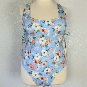 Hurley 1X One Piece Swimsuit Blue Floral Cut Out & Side Tie